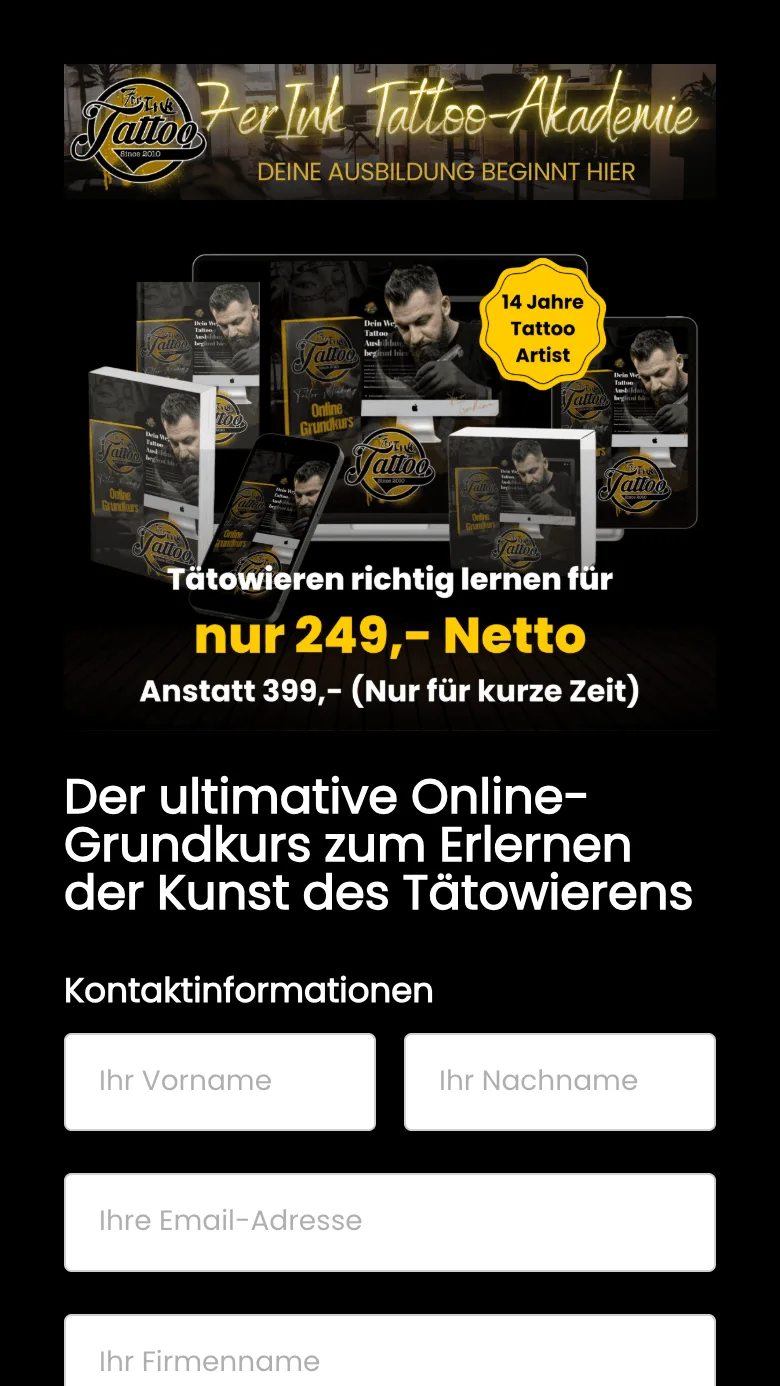 Checkout der 7er Ink Tattoo-Akademie in ThriveCart mit Kursangebot, Kundenstimmen und Bestellformular