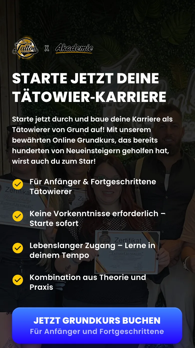 Landingpage des Online-Grundkurses der 7er Ink Tattoo Academy mit Headline „Starte jetzt deine Tätowier-Karriere“ und Video