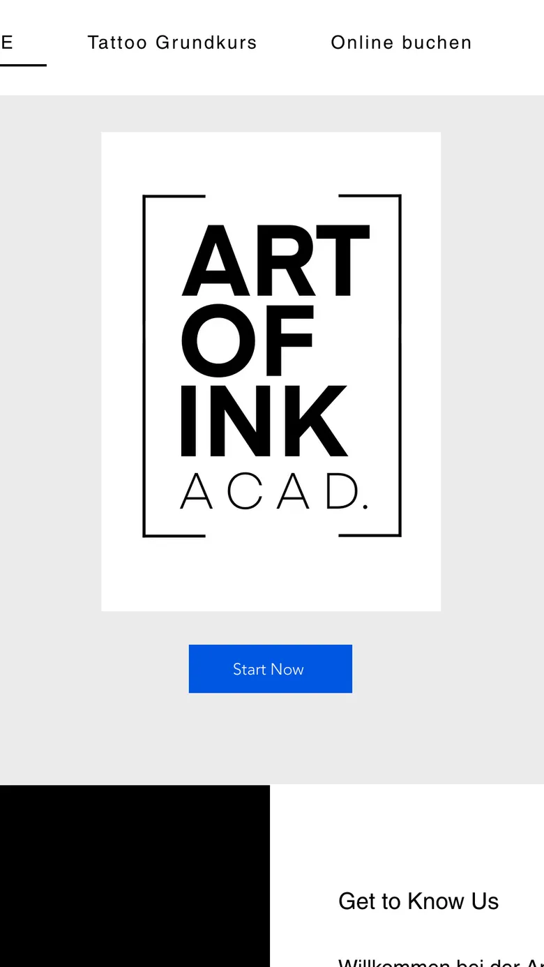Startseite der alten Wix-Website der Art of Ink Academy mit grauem Bereich, Logo und Button „Start Now“