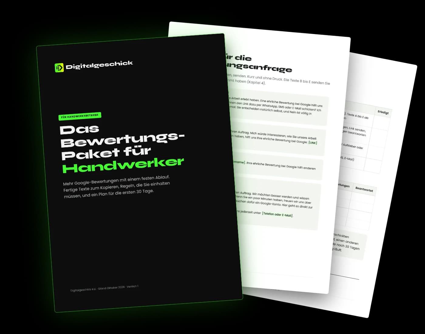 Das Bewertungs-Paket für Handwerker: Titelseite und zwei Innenseiten des PDF