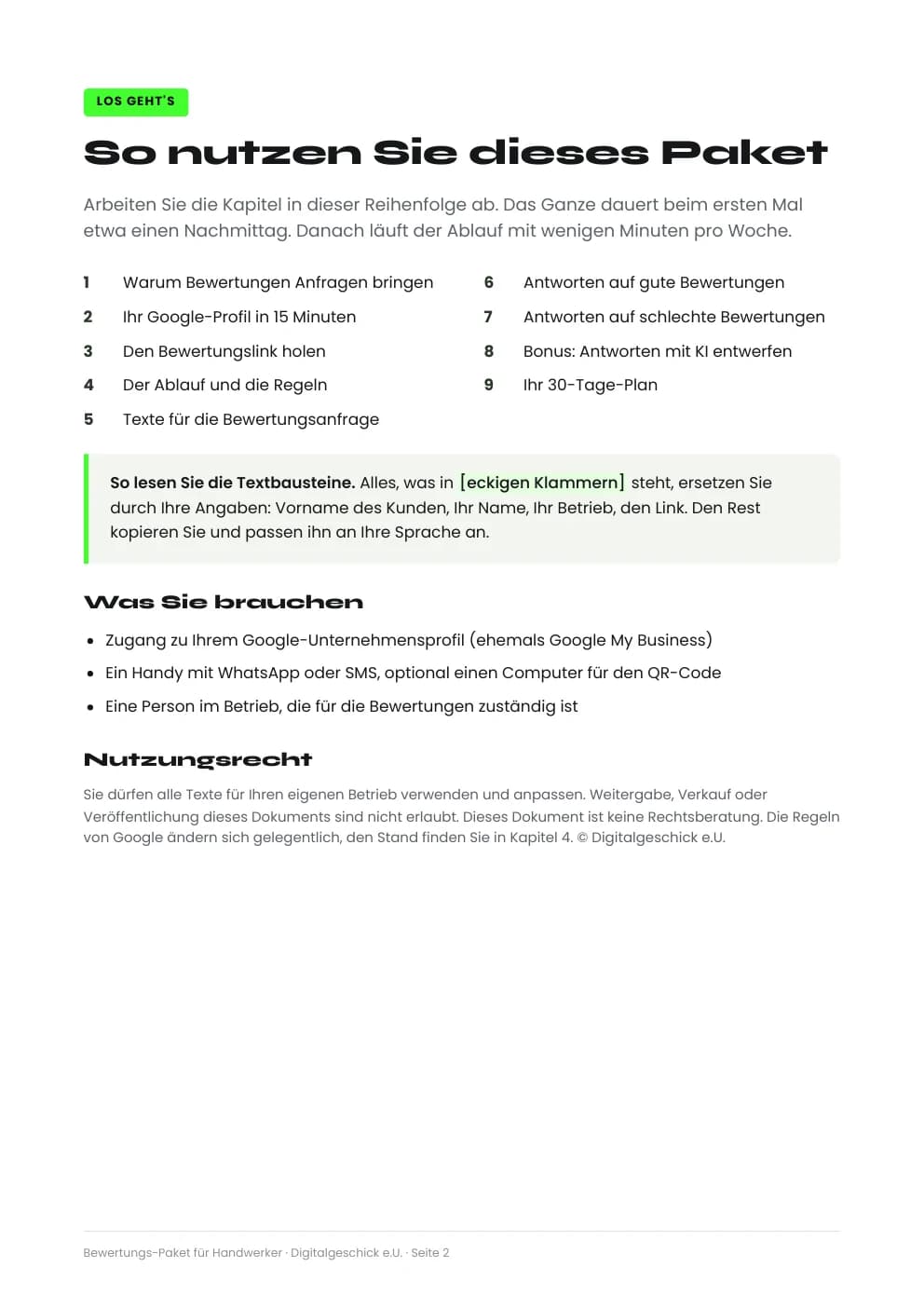Seite 2 aus dem Bewertungs-Paket: Übersicht der neun Kapitel und was Sie brauchen