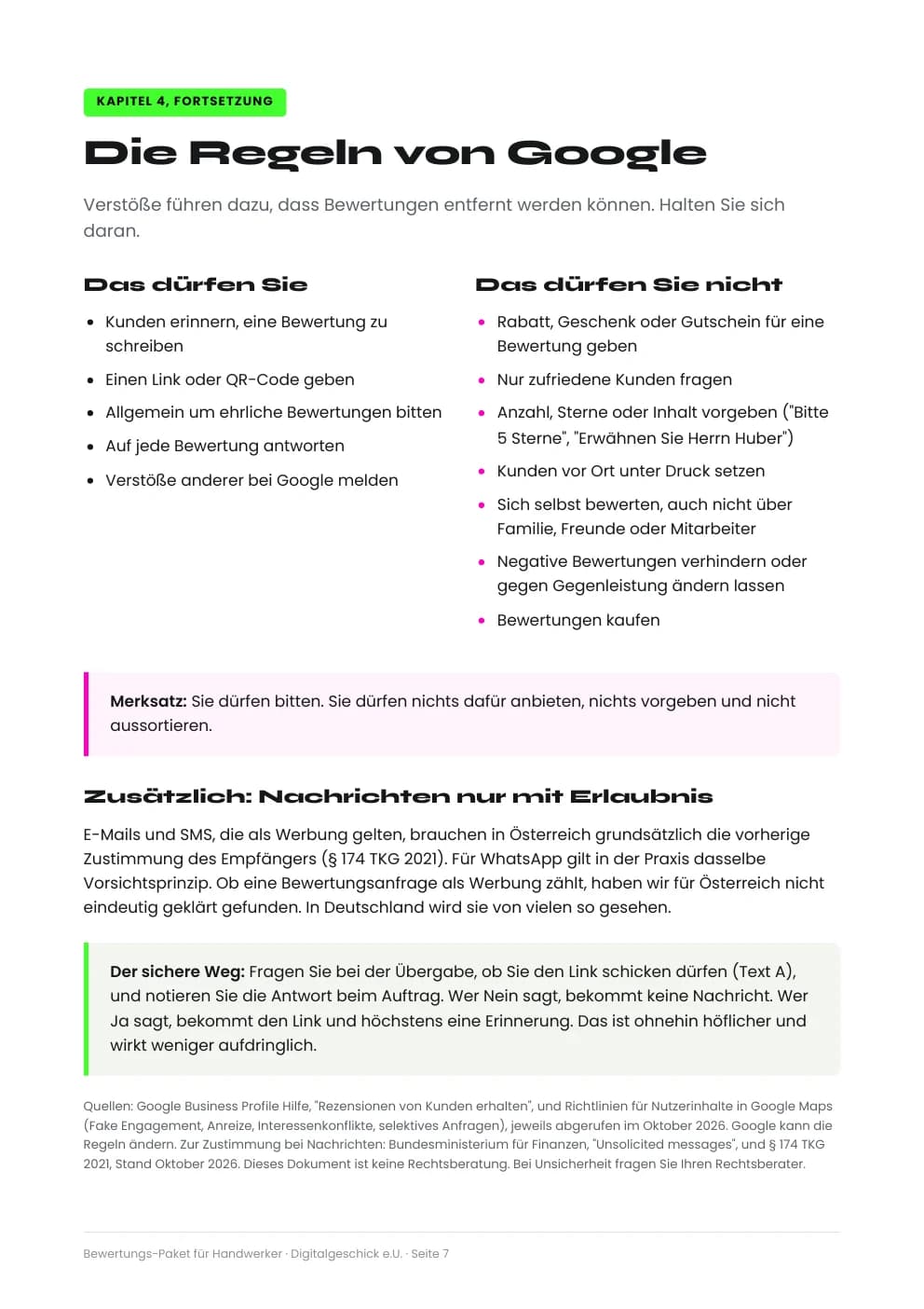 Seite 7 aus dem Bewertungs-Paket: was Sie bei Google dürfen und was nicht, dazu die Zustimmung bei Nachrichten
