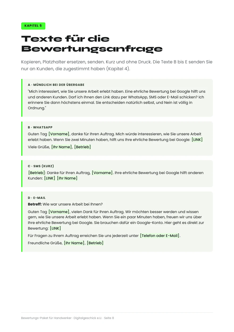 Seite 8 aus dem Bewertungs-Paket: Texte A bis D für Gespräch, WhatsApp, SMS und E-Mail