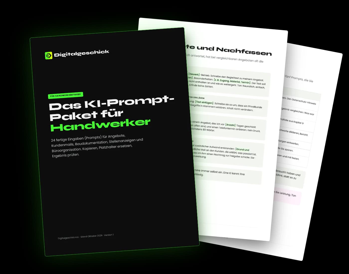Das KI-Prompt-Paket für Handwerker: Titelseite und zwei Innenseiten des PDF