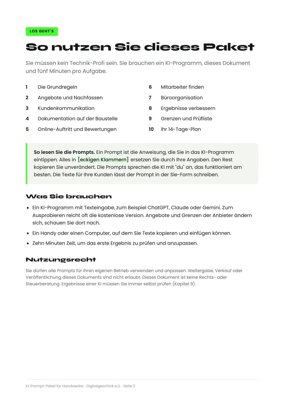 Seite 2 aus dem KI-Prompt-Paket: Übersicht der zehn Kapitel und was Sie brauchen