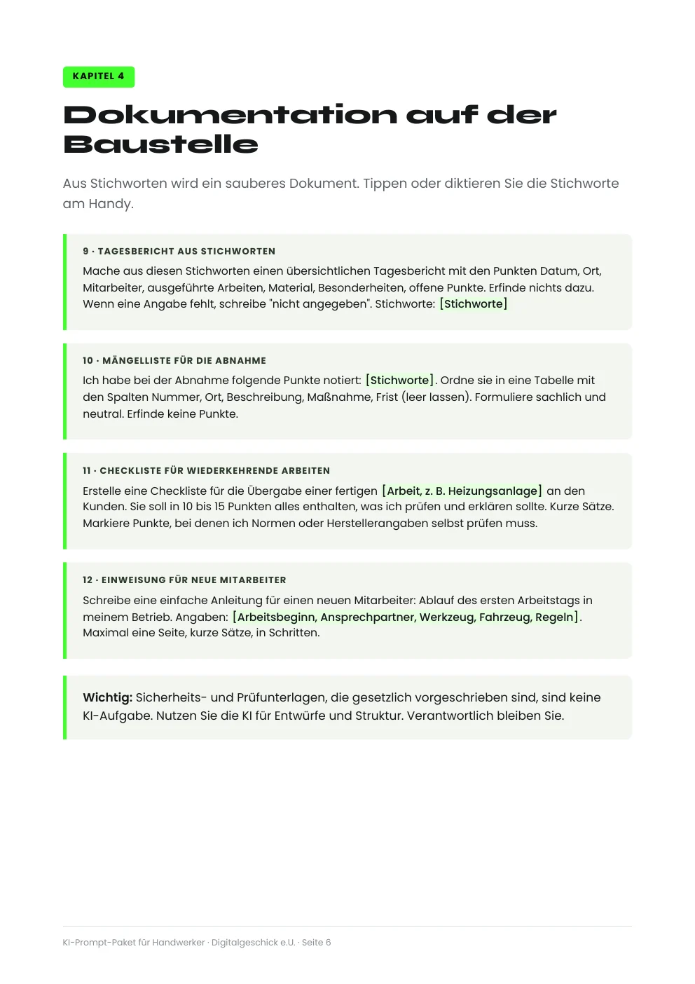 Seite 6 aus dem KI-Prompt-Paket: vier Eingaben für Tagesbericht, Mängelliste, Checkliste und Einweisung