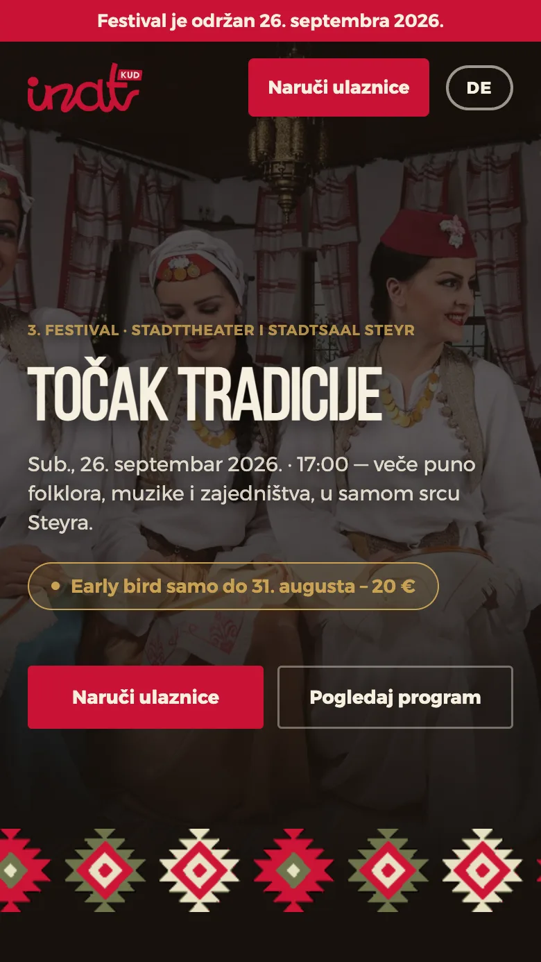 Festival-Landingpage „Točak Tradicije“ auf Bosnisch mit Button „Naruči ulaznice“