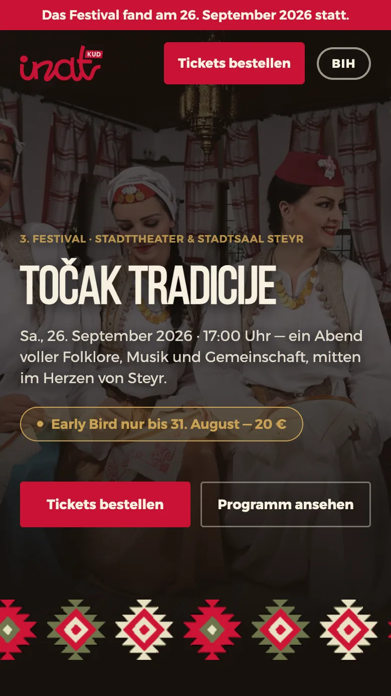 Festival-Landingpage „Točak Tradicije“ auf Deutsch mit Button „Tickets bestellen“