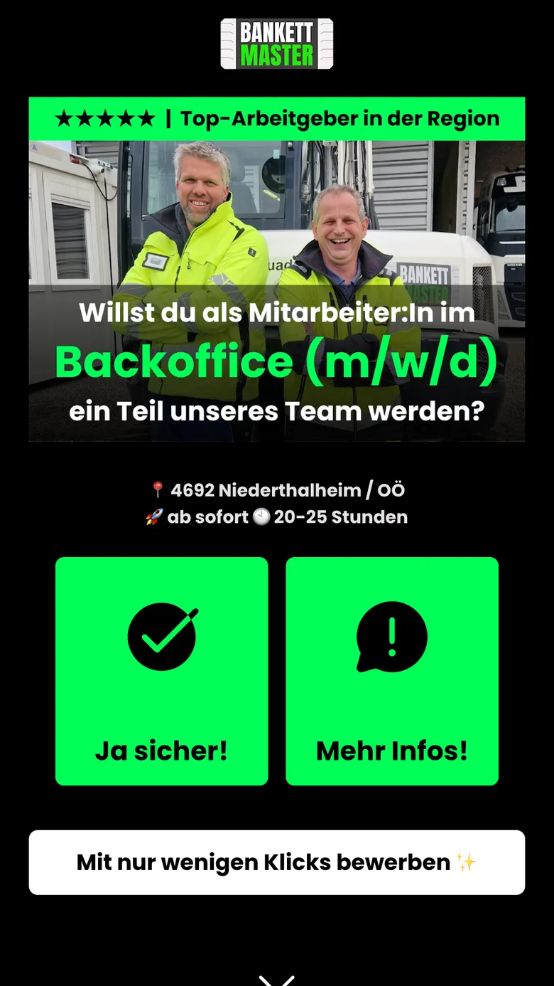 Recruiting-Funnel von Bankettmaster auf dem Handy: Start mit „Ja sicher!“ und „Mehr Infos!“, Angebot, Vorteile und Weiterempfehlen per WhatsApp